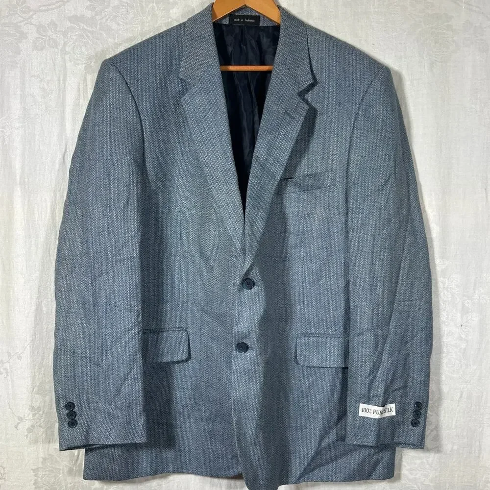 Vintage Norm Thompson Sport Coat 46 LONG Blue Tan 100% Pure Silk Deadstock